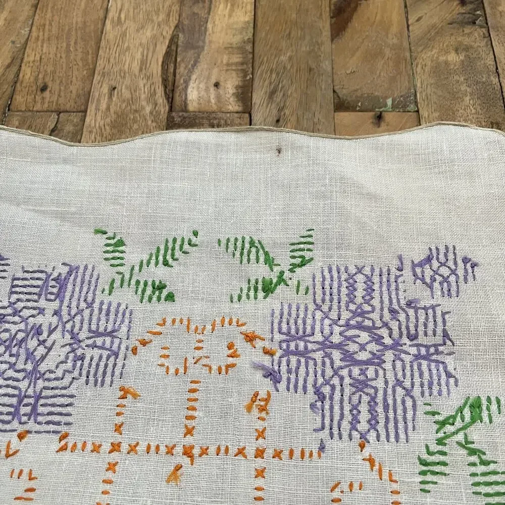 Vintage Linen Table Runner 13 x 38 in Cross Stitched White Purple Flowers